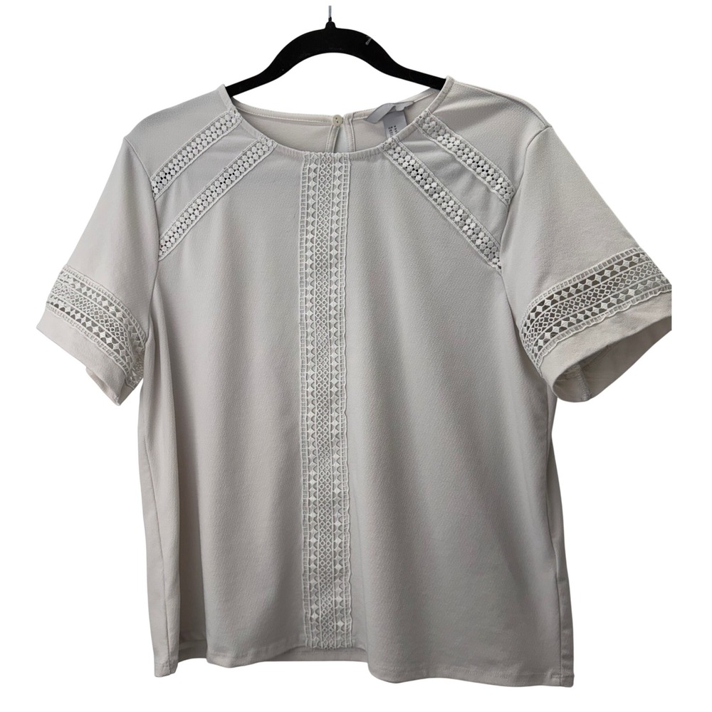 H&M Cream Crochet Blouse Lace Panel Short Sleeve Off-White Boho M